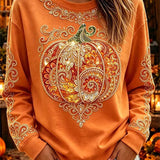 Zoe | Halloween-Inspired Orange Ornate Pumpkin Print Round Neck Long Sleeve Top