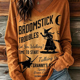 Paloma | Halloween-Inspired Orange Witch Letter Print V Neck Long Sleeve Top