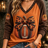 Octavia | Halloween-Inspired Orange Brown Pumpkin Bow Print V Neck Long Sleeve Top