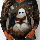 Eden | Halloween-Inspired Multi Ghost Black Cat Floral Print Round Neck Long Sleeve Top