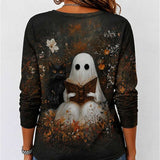 Eden | Halloween-Inspired Multi Ghost Black Cat Floral Print Round Neck Long Sleeve Top