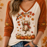 Elena | Halloween Orange White Cat Pumpkin V Neck Long Sleeve Top