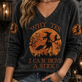 Harper | Halloween-Inspired Black Witch Moon Letter Print V Neck Long Sleeve Top