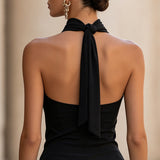 Sleek Halter Neck Twist Front Sleeveless Top With Keyhole Cutout