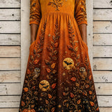 Phoebe | Halloween-Inspired Multi Pumpkin Cat Owl Print Round Neck Three Quarter Sleeve Midi Dress