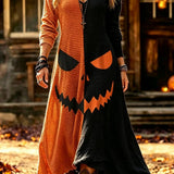 Iris | Halloween-Inspired Orange Black Pumpkin Face V Neck Long Sleeve Maxi Dress