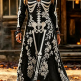 Adelaide | Halloween-Inspired Black White Skeleton Floral V Neck Long Sleeve Midi Dress