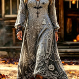 Rosalie | Halloween-Inspired Grey Multi Spider Web V Neck Long Sleeve Midi Dress