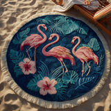 Midnight Flamingo Round Beach Towel