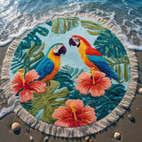Round Beach Towel with Tropical Parrots