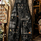 Daphne | Halloween-Inspired Black Plaid Cat Pumpkin Print Adjustable Strap Jumpsuit