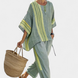 Elowric | Elegant Lavender Top & Mustard Striped Pants