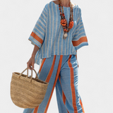 Velmere | Sophisticated Terracotta Striped Top & Linen Pants