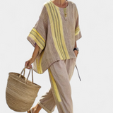 Elowric | Elegant Lavender Top & Mustard Striped Pants