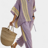 Elowric | Elegant Lavender Top & Mustard Striped Pants