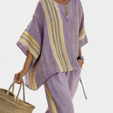 Elowric | Elegant Lavender Top & Mustard Striped Pants