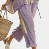Elowric | Elegant Lavender Top & Mustard Striped Pants