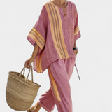 Elowric | Elegant Lavender Top & Mustard Striped Pants