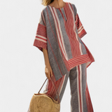 Bravine | Elegant Coral-Gray Linen Top & Wide-Leg Pants