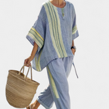 Elowric | Elegant Lavender Top & Mustard Striped Pants