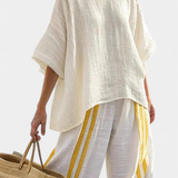 Anselor | Elegant Yellow Striped Linen Top & Wide-Leg Pants