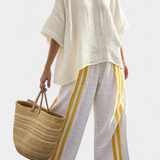 Anselor | Elegant Yellow Striped Linen Top & Wide-Leg Pants