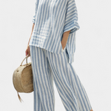 Rensleigh | Sophisticated Blue Striped Linen Top & Relaxed Pants
