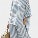 Rensleigh | Sophisticated Blue Striped Linen Top & Relaxed Pants