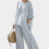 Rensleigh | Sophisticated Blue Striped Linen Top & Relaxed Pants