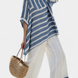 Corvielle | Sophisticated Blue Striped Top & Hem-Detailed Pants