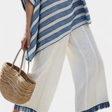 Corvielle | Sophisticated Blue Striped Top & Hem-Detailed Pants
