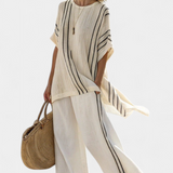 Greysen | Elegant Ivory Linen Blouse & Black Striped Pants