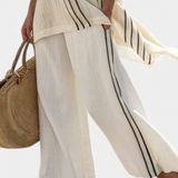Greysen | Elegant Ivory Linen Blouse & Black Striped Pants