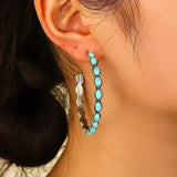 Vintage Turquoise Oval Silver Hoop Earrings