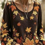 Vivian | Halloween Dark Brown Maple Leaf Pumpkin Print Round Neck Long Sleeve Blouse