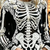 Mila | Halloween-Inspired Black Skeleton Floral Lace Print Round Neck Puff Long Sleeve Blouse