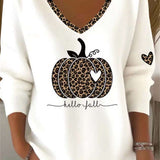 Elisa | Halloween-Inspired White Leopard Pumpkin V Neck Long Sleeve Top