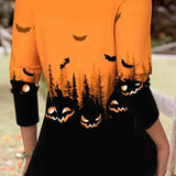 Yara | Halloween-Inspired Orange Halloween Split Neck Long Sleeve Blouse