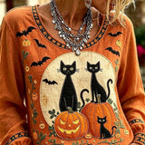 Amanda | Halloween-Inspired Orange Black Cat Pumpkin Print Round Neck Long Sleeve Blouse