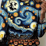 Daisy | Halloween-Inspired Multi Starry Night Pumpkin Witch Graphic Round Neck Blouse
