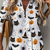 Elisabetta | Halloween-Inspired Multi Pumpkin Ghost Cat Bat Spider V Neck Three Quarter Sleeve Shirt
