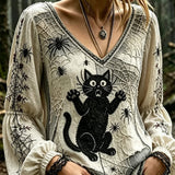Mariana | Halloween-Inspired Multi Gothic Cat Spider Print V Neck Puff Sleeve Blouse
