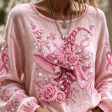 Teresa | Halloween-Inspired Pink Witch Floral Ribbon Print Round Neck Long Sleeve Blouse