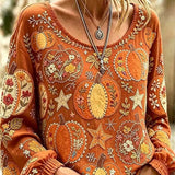 Greta | Halloween-Inspired Orange Pumpkin Floral Star Round Neck Long Sleeve Blouse