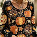 Esme | Halloween-Inspired Black Floral Pumpkin Round Neck Long Sleeve Blouse
