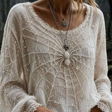 Felicity | Halloween-Inspired Off White Spider Web Round Neck Long Sleeve Blouse