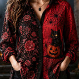 Elaine | Halloween-Inspired Black Red Cat Pumpkin Print Lapel Collar Long Sleeve Shirt