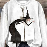 Rebecca | White Halloween-Inspired Witch Print Round Neck Sweatshirt
