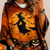 Emilia | Halloween-Inspired Multi Witch Pumpkin Bat Print Hooded Three Quarter Sleeve Hoodie