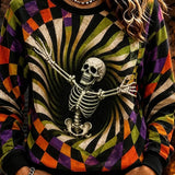 Caroline | Halloween-Inspired Multi Spiral Check Skull Print Round Neck Sweatshirt